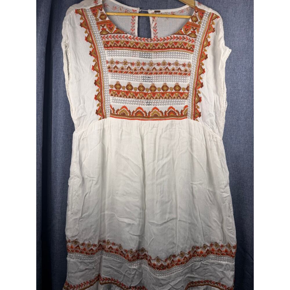 Free People Embroidered Boho Peasant Dress Women's S White Orange India Festival